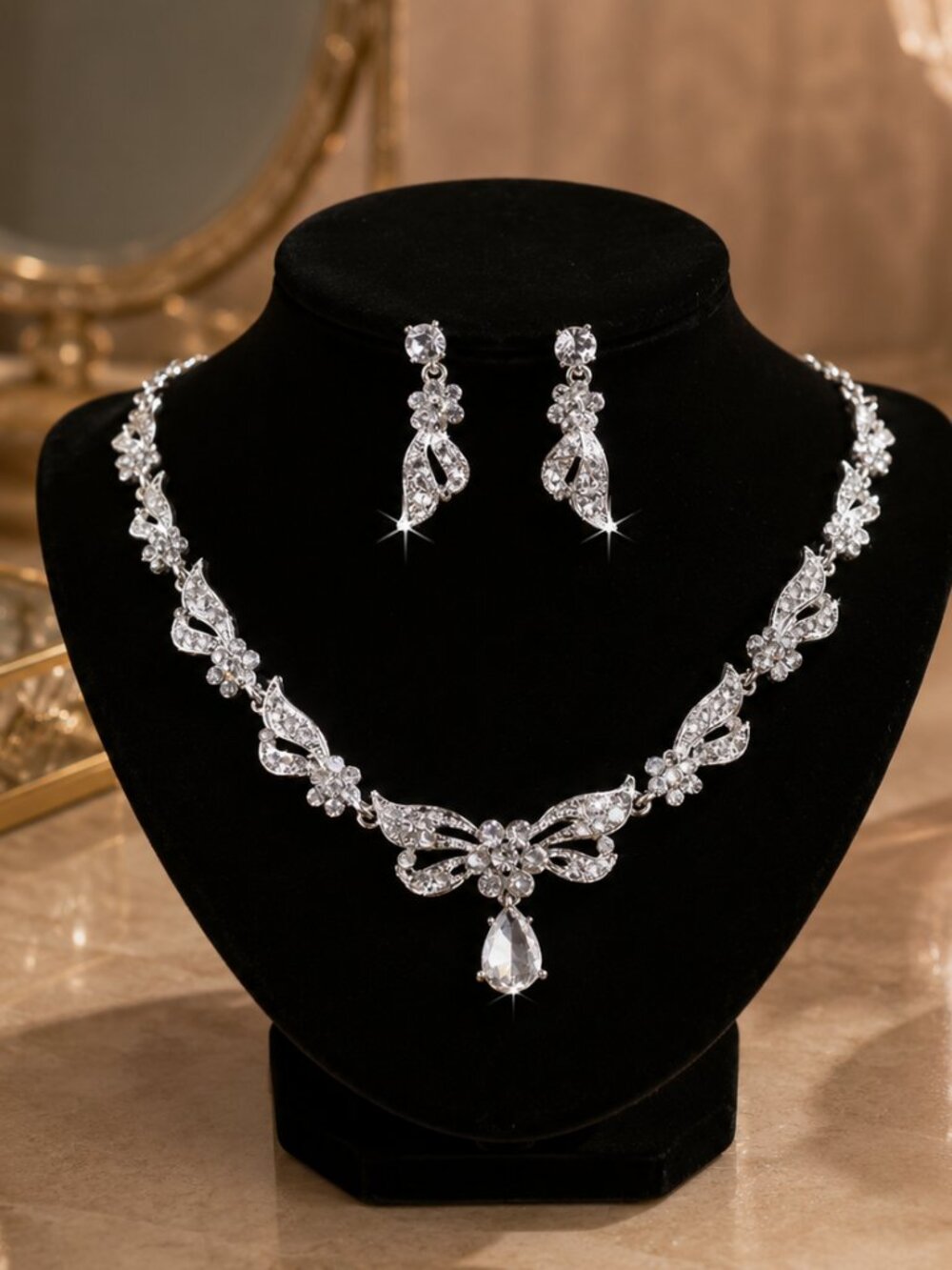 Silver Crystal Floral Necklace & Earrings Set, Rhinestone Bridal Wedding Jewelry